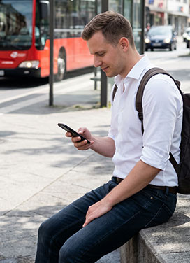 Mann sitzt auf Poller am Straßenrand und tippt in sein Smartphone