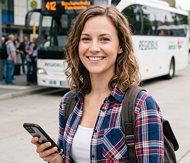 junge Frau mit Smartphone an der Bushaltestelle