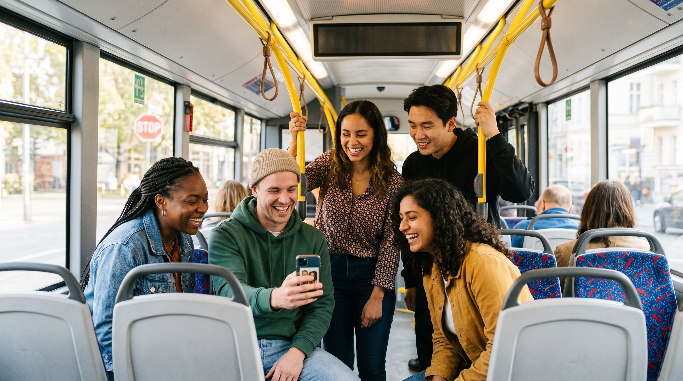 Eine diverse Menschengruppe im Bus des ÖPNV